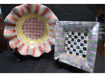 Large Wavy Mackenzie Childs Fruit Bowl & Square Plate Kelp & Urchin' Design