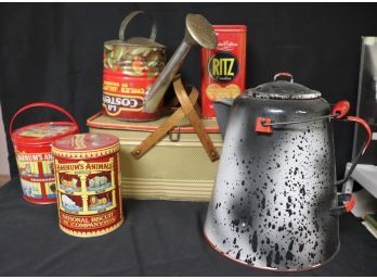 Vintage Collection Of Tin Advertising Canisters, Picnic Basket & Large Enamelware Pitcher