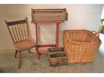 Rustic Furniture Includes Strawberry Basket With Inserts, Table, Chair Vintage Asian Wood Box & Woven Baske