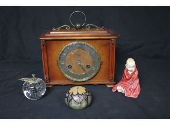 Vintage Hermle 8 Day Jewels Clock With Key In Wood Case, Royal Daulton, Paperweight By Orient & Flume 1976