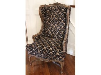 Highly Carved Custom Upholstery Wingback Accent Chair With A Floral Tapestry Style Fabric And Tufted Back