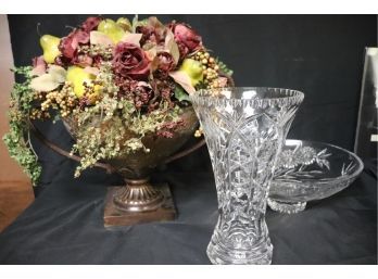 Large Faux Floral Centerpiece In A Large Oil Rubbed Copper Bronze Finish Urn With Etched Glass. Large Cente