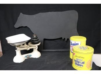 Vintage The Viking Kitchen Scale With Weights & Cow Shaped Panel Board Chalkboard