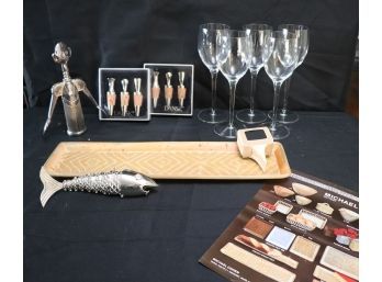 Gucci Bottle Opener Missing Piece, 2 Boxes Dansk Wine Stopper, Cheese Tray By Michael Cohen & Wine Glasses