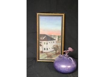 Signed Painting By R. Leto 72 & Pretty Purple Pottery Jug From Portugal