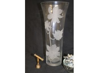 Gorham Etched Vase, Jay Strongwater Box, Miniature Brass Kaleidoscope & Floral Trinket Box In The Style Of Swa