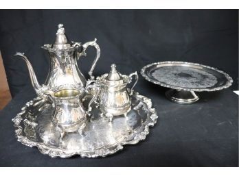 Royal Rose By Wallace Silverplate Tea Set With Engraved Tray Includes A Cake Dish