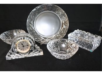 Tiffany & Co & Waterford Collection - Waterford Clock, Tiffany Crystal Trinket Box, 2 Tiffany Bowls & Plate