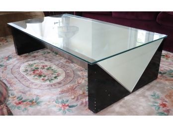 Vintage Italian Made Glass Cocktail Table Encased In A Metal And Wood Frame - Very Unique Piece