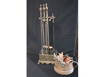 Vintage Brass Fireplace Tool Set With Stand & Vintage Hand Forged Copper Cauldron