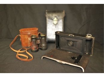 Vintage Binoculars With Case Manufacture De Jumelles Deraisme A Paris & Kodak Autographic Folding Camera