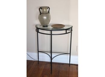 Metal/Glass Demilune Console With Decorative Plate From West Elm & Designer Vase By Antichi Angeli Murano Ital