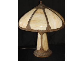 Beautiful Vintage Cream Colored Slag Glass Lamp Encased In A Beautiful Brass Frame & Base - Working Condition