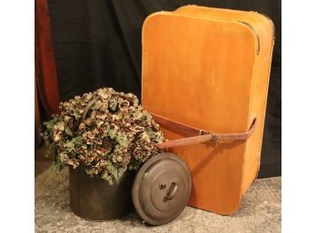 Vintage Wood Trunk With Metal Detailing On Corner Large Faux Floral Display In A Vintage Metal Basket