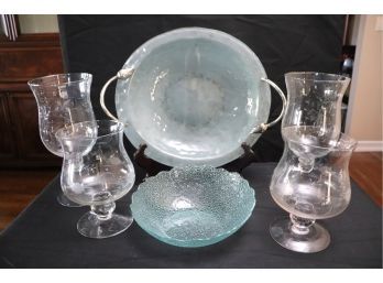 4 Etched Glass Hurricane Style Candle Holders, Frosted Serving Dish & High Low Dish With A Crackle Finish
