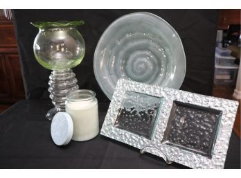 Large Blown Glass Centerpiece Voluspa Candle, Frosted Serving Dish & Square Plate