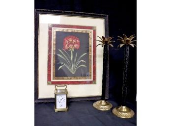 Pair Of Ornate Brass Finished Palm Tree Candle Holders, Brass Clock In Glass  SR/FA & Framed Floral Artwor