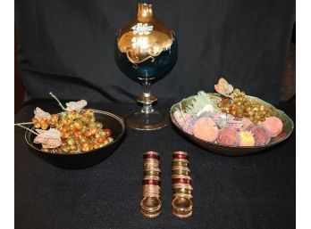 Assorted Collection Includes Napkin Rings, Ramen Bowl & A Beautiful Painted Glass Vase