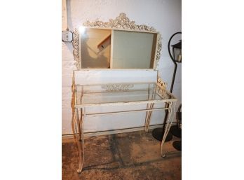 Beautiful Antique Wrought Iron Vanity Table With Glass Insert And Attached Mirror.