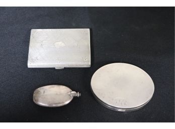 Engraved Sterling Compact, Round Sterling Compact & Small Sterling Perfume Bottle