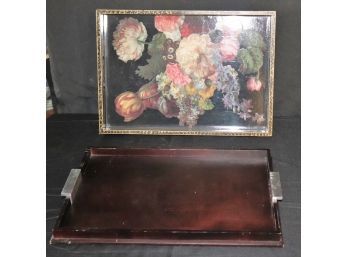2 Cocktail Trays - Floral Decoupage With Plastic Insert & Black Tray By Swing For Crate Barrel