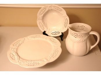 Three-Piece White Pierced Porcelain Serving Pieces Include Cake Stand, Picture And Bowl