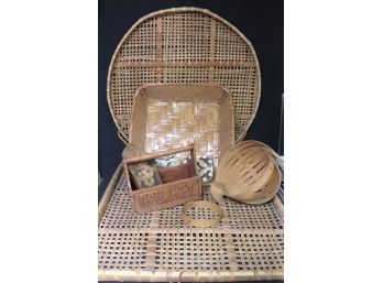 Large Woven Bamboo Style Baskets, Signed Basket By O.T. MS Newman, Large Square Woven Basket