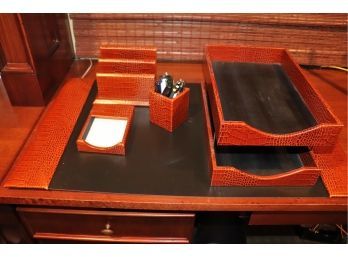 Quality Five Piece Italian Leather Desk Set With Alligator Look- Blotter, Notepad, Letter Holder, Pen Holder &
