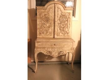 Interesting & Ornate Antique White Carved Cabinet