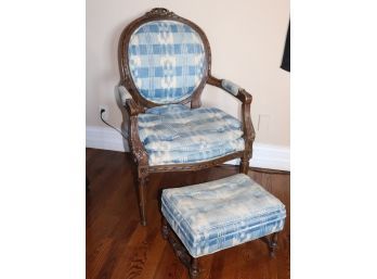 Carved Wood Louis XVI Style Accent Chair With Wood Stool