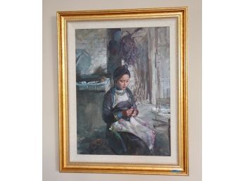Beautiful Native Girl Painting By Artist Quian Dexiang In A Linen Matted & Gilded Frame Includes Artist Book