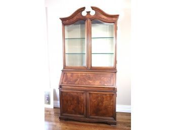 Burlwood Glass Secretary Style Desk With Braided Trim On The Inside Of Window Cabinet - Leather Top