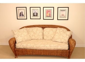 Comfortable Wicker Sofa With Rolled Arms, Kept Inside Includes Four Framed Vanity Fair Prints