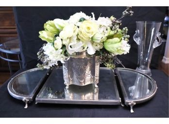 Cocktail Serving Tray By Two's Company Lacquered Brass Engraved Centerpiece By EPNS Includes Vase