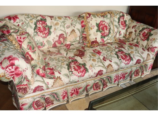 Bright And Sophisticated Floral Sofa With Pleated Skirt And Rolled Arms 91 Inches Long