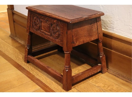 Small Dark Oak Carved Storage Bench With Lid