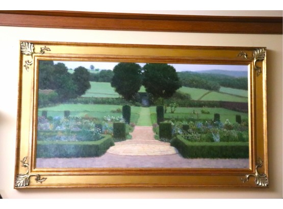 Listed Artist Oversized Painting Of Beautiful Garden Scene By JURNEY. 4 Ft X 7 Ft