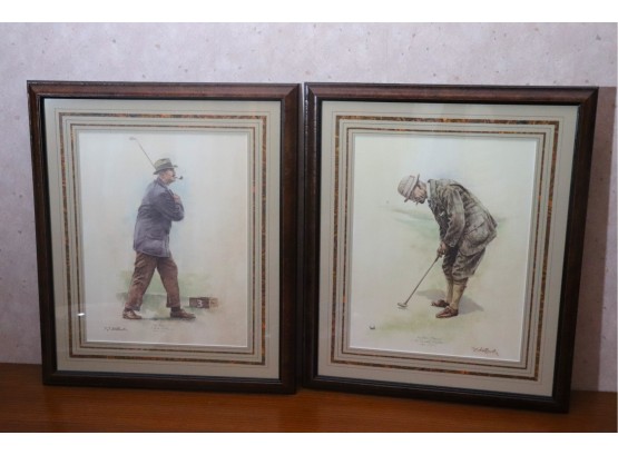 Pair Of Prints Of Old Time Golfers. Look At The Day When Men Smoked Pipes And Cigars While They Were Golfing