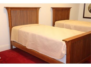 Pair Of Quality Twin Mission Style Beds With Mattress And Box Spring. Solid Construction
