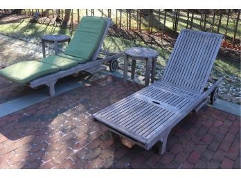 2 Teak Lounge Chairs And  Side Tables With Green Cushions For Your Outdoor Fun By Westminster See Photos