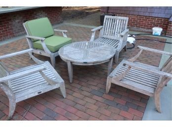 4 Teak Chairs And Coffee Table With Green Cushions For Your Outdoor Fun By Westminster See Photos