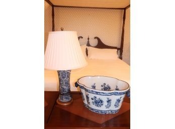 Pair Of Asian Inspired Ceramic Pieces Includes Blue And White Lamp On Wood Base And Oversized Tub/planter