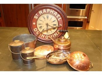 Kitchen Items Include Selection Of Copper Items And Wall Clock Battery Op