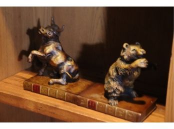 Resin Bull & Bear Sitting On Books/bookends