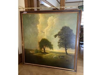 Oversized Painting By Brandner CG Horses In Pasture With Rolling Clouds And Stream Leading To Lake 68w X 80T