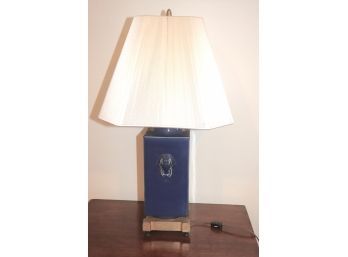 Quality Blue Ceramic Table Lamp On Metal Base With String Shade And Finial