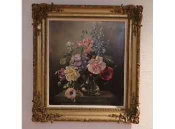 Very Pretty Signed Still Life Floral On Linen Canvas, Signed By Harold Clayton