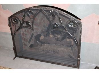Solid And Heavy Hand Hammered Fireplace Screen With Floral Design