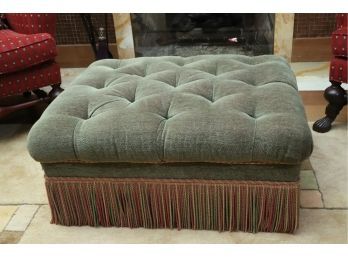 Green  Tufted Button Top Ottoman With Rich Maroon, Green And Gold Fringes