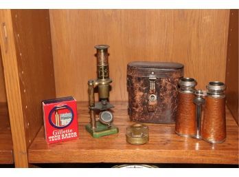 Lot Of 4 Antique Small Items Includes Binocular, Razor, Brass Lock And Brass Microscope